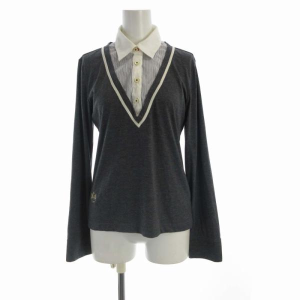 23区 オンワード樫山 SPORT ポロシャツ 切替 ストライプ ロゴ 刺繍 長袖 L グレー 67...