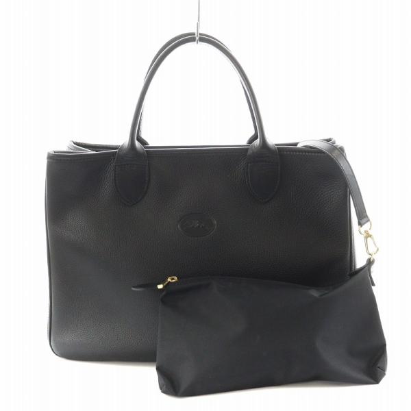 ロンシャン LONGCHAMP トートバッグ ハンドバッグ ポーチ付き レザー 黒 ブラック /AN...