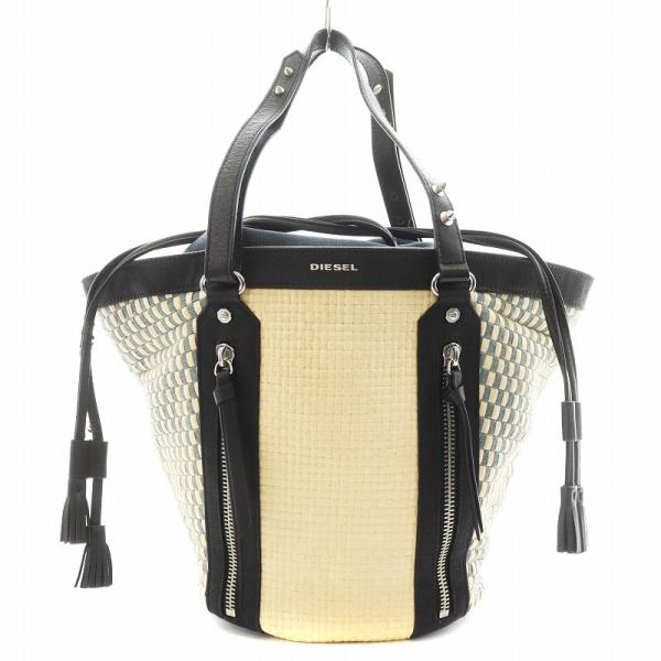 ディーゼル DIESEL ハンドバッグ ショルダーバッグ かごバッグ ラフィア アイボリー 黒 ブラ...