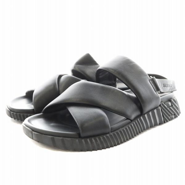 エルメス HERMES エレクトリック Hロゴ サンダル ストラップ レザー 27.0cm 黒 ブラ...