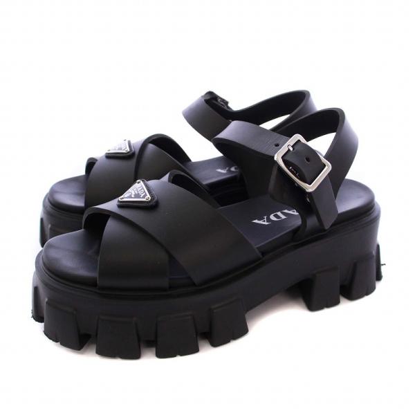 プラダ PRADA モノリス ラバー サンダル トライアングルロゴ 厚底 35 黒 1X382N /...