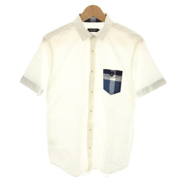ブラックレーベルクレストブリッジ シャツ 半袖 胸ポケットチェック柄 ロゴ刺繍 M 白 ホワイト 紺...