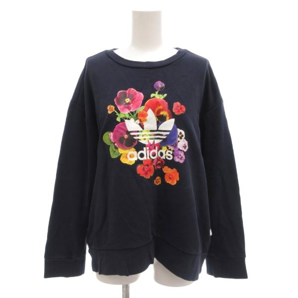 アディダス adidas 美品 スウェット トレーナー L 長袖 裏毛 プリント 花柄 紺 ネイビー...