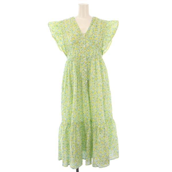 オブリ OBLI イエローフリルワンピース ミモレ ロング 半袖 Vネック 花柄 1 緑 グリーン ...
