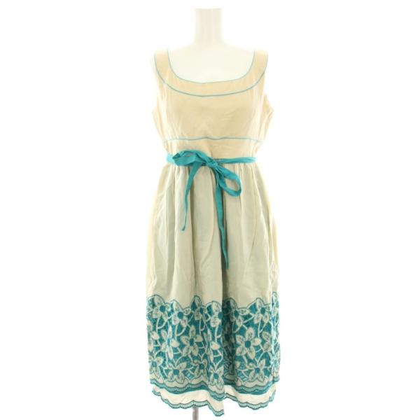 トッカ TOCCA ワンピース ひざ丈 ノースリーブ 花柄刺繍 レース リボン 2 ベージュ エメラ...