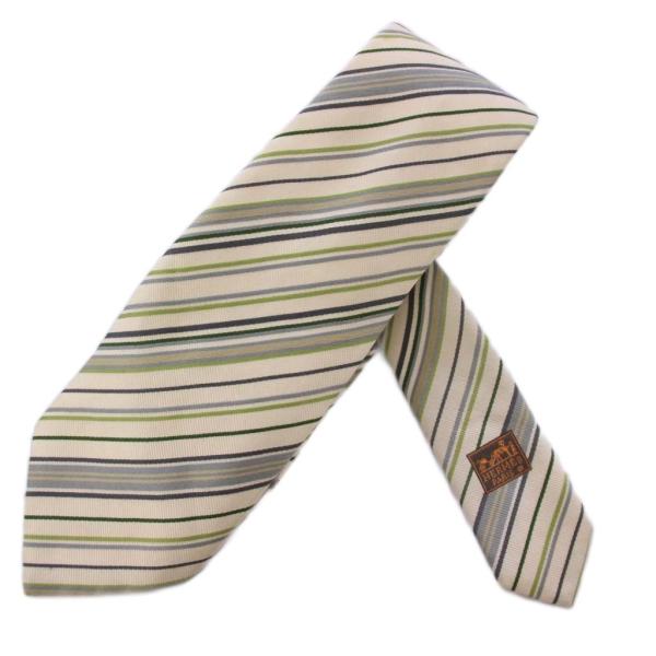 エルメス HERMES ネクタイ ストライプ柄 シルク フランス製 白 緑 グレー /BM ■OH ...