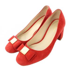コールハーン COLE HAAN タリーボウパンプ パンプス ラウンドトゥ チャンキーヒール スエード ロゴプレート 5.5 赤 レッド W10594