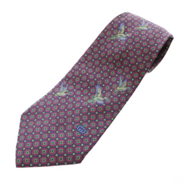 グッチ GUCCI ネクタイ レギュラータイ 総柄 鳥柄 シルク ボルドー 紺 ネイビー /KU メ...
