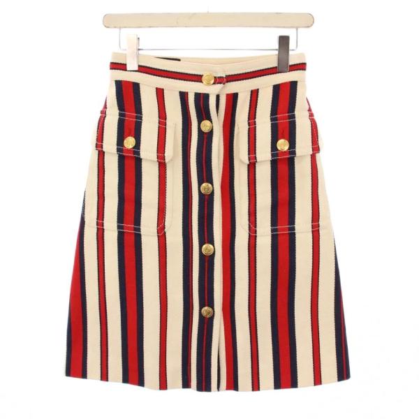 グッチ GUCCI 台形スカート ひざ丈 コットン GGボタン ストライプ 38 ベージュ 5194...