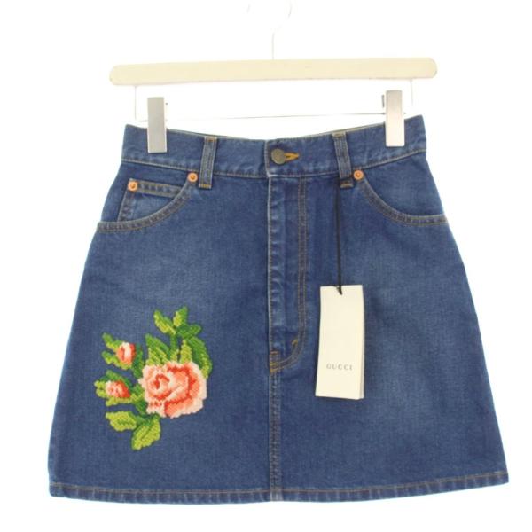 未使用品 グッチ GUCCI フラワー刺繍 デニムスカート 台形 ミニ 38 青 456973 /K...
