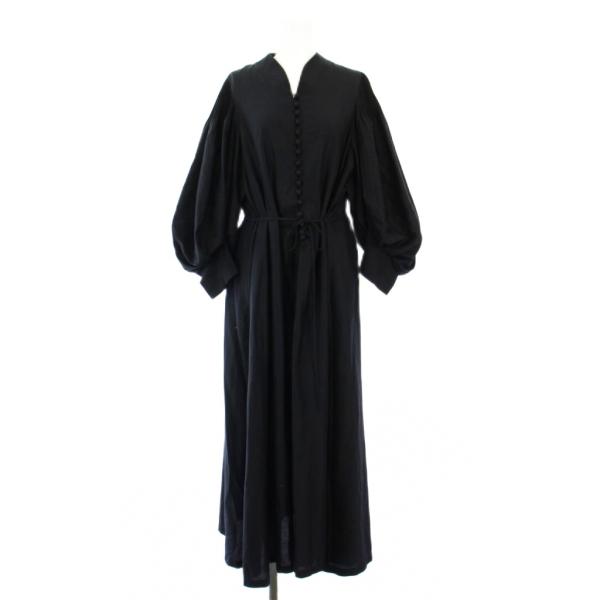 マメクロゴウチ シルクコットンパフスリーブワンピース マキシ ロング シャツ 長袖 スキッパー ベル...