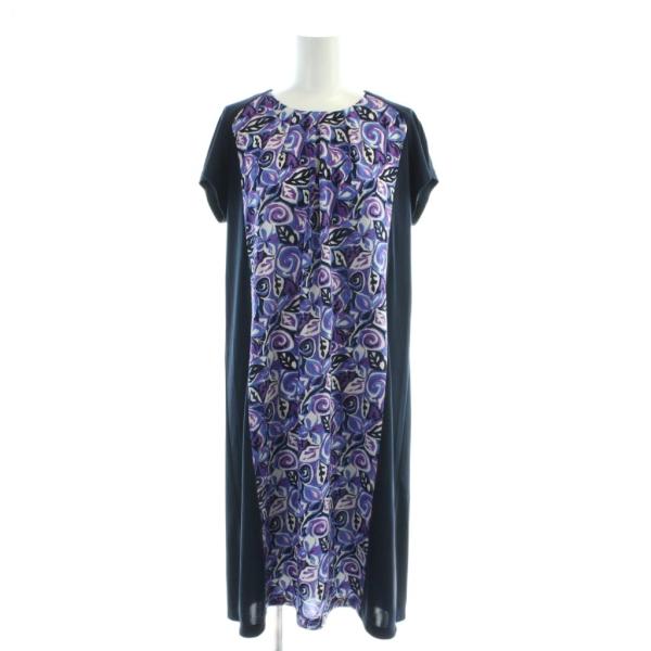 レリアン Leilian ワンピース 9 紺 ネイビー 紫 パープル ひざ丈 柄 半袖 切り替え /...