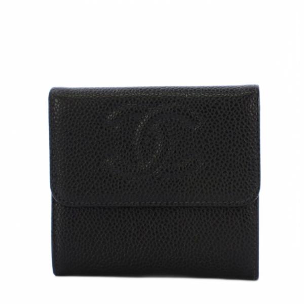 シャネル CHANEL 三つ折り財布 ココマーク キャビアスキン 黒 7番台 /KH ■OH レディ...