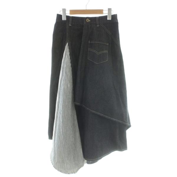 未使用品 スカラー ScoLar デニムスカート ロング アシンメトリー ストライプ タグ付き 黒 ...