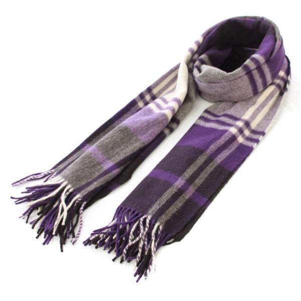 ジョシュアエリス JOSHUA ELLIS マフラー フリンジ チェック柄 ウール アンゴラ混 紫 ...