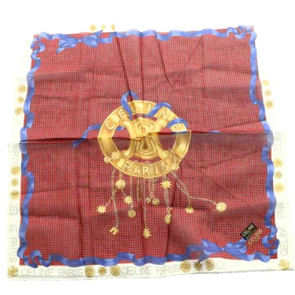 セリーヌ CELINE ハンカチ コットン 総柄 マルチカラー 赤 レッド 黒 ブラック /SS ■...