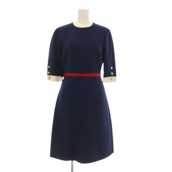 グッチ GUCCI ウェブベルト ワンピース 半袖 ひざ丈 GGボタン 38 紺 448541 /K...