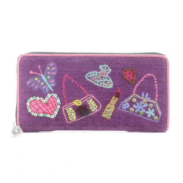 シンクビー! Think Bee 長財布 小銭入れ ラウンドファスナー 紫 ビーズ装飾 刺繍 モチー...
