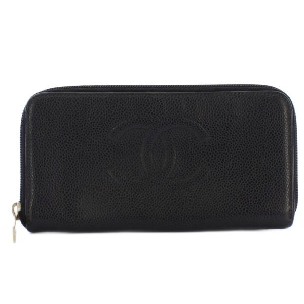 シャネル CHANEL 長財布 小銭入れ ラウンドファスナー キャビアスキン ココマーク 7番台 黒...