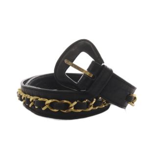 シャネル CHANEL ベルト ハトメ チェーン レザー 65/26 ゴールド色 黒 ブラック /AN38 ■OH レディース