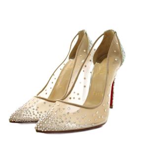 クリスチャンルブタン Christian louboutin パンプス ラインストーン メッシュ ハイヒール ポインテッドトゥ 37 ベージュ シルバー色