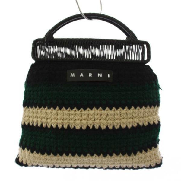 マルニ MARNI クロシェ ニット ハンドバッグ ボーダー柄 緑 黒 /BM6 レディース