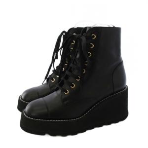シャネル CHANEL コンバットブーツ ショートブーツ レースアップ ココマーク レザー 37C 黒 G45388 /KH2 レディース