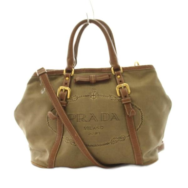 プラダ PRADA ロゴ ジャガード ショルダーバッグ トートバッグ トライアングルロゴ 茶 ブラウ...