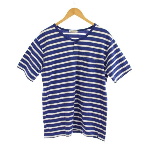 BURGUS PLUS バーガスプラス Tシャツ L 半袖 青 白 ボーダー柄 ヘンリーネック /J...