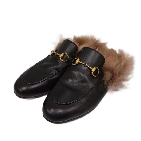 グッチ GUCCI プリンスタウン ホースビット ミュール レザー ファー 36 黒 ブラック 茶 ...