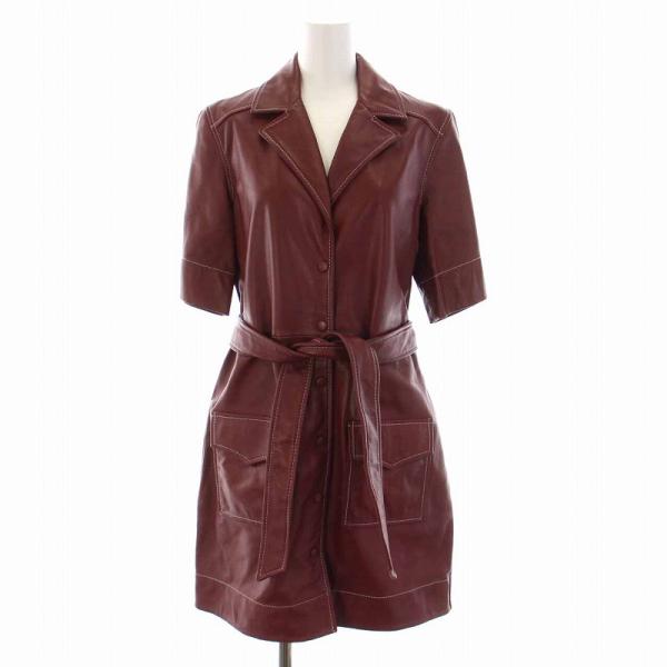 未使用品 ガニー GANNI レザーシャツドレス ワンピース 半袖 34 XS マダーブラウン 赤茶...