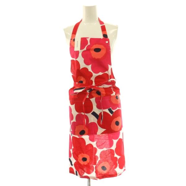 未使用品 マリメッコ marimekko エプロン 花柄 ポケット 赤 レッド 白 ホワイト /MI...