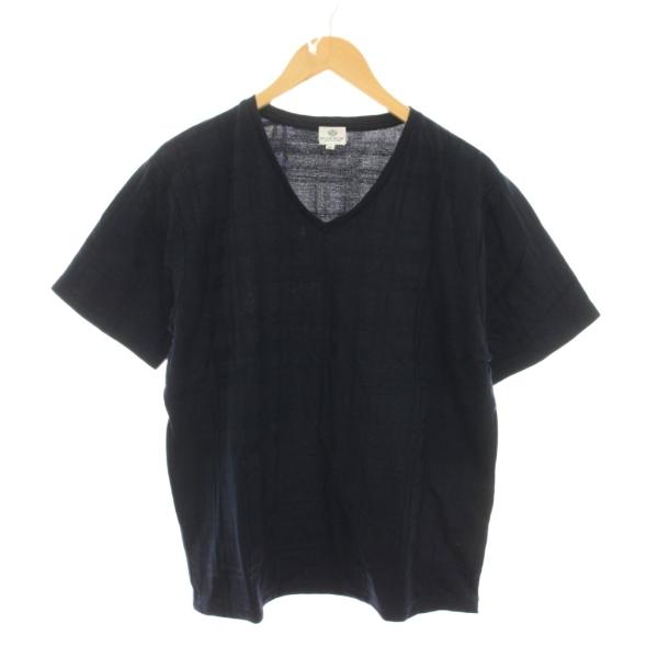 ビームスハート BEAMS HEART Tシャツ カットソー チェック XL 紺 ネイビー Vネック...