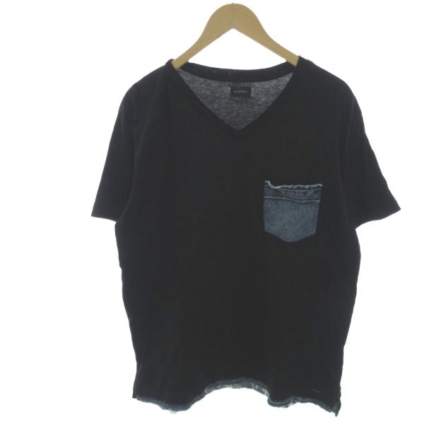 未使用品 ディーゼル DIESEL Tシャツ カットソー デニム切替 半袖 XL 黒 ブラック /H...