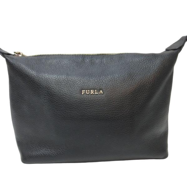 フルラ FURLA シボレザー ポーチ セカンドバッグ クラッチバッグ シルバー金具 黒 ブラック ...