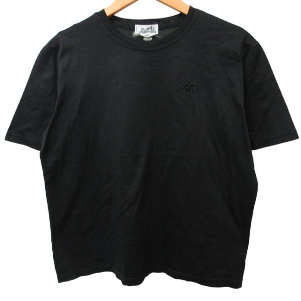 エルメス HERMES ロゴ刺繍Tシャツ カットソー 半袖 黒 ブラック XSサイズ IBO47