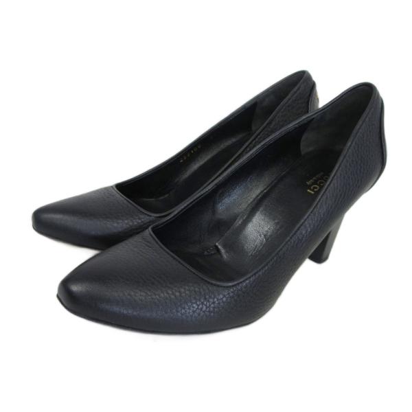 グッチ GUCCI 252108 GG シボ革 レザー パンプス ヒール シューズ ゴールド金具 黒...