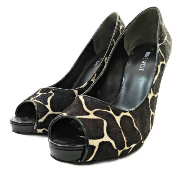 ナインウエスト NINE WEST パンプス オープントゥ ピンヒール ハラコ ジラフ柄 5 22c...
