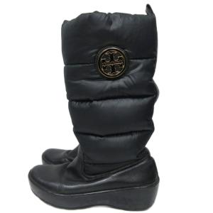トリーバーチ TORY BURCH ロゴプレート ダウンブーツ ロングブーツ シューズ 黒 ブラック 約21.5cm IBO88 レディース
