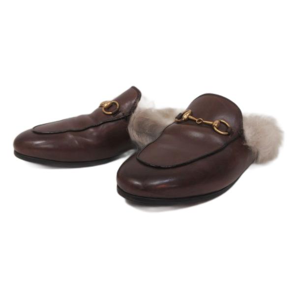 グッチ GUCCI プリンスタウン ホースビット ミュール ムートン スリッパ 36 茶 ブラウン ...