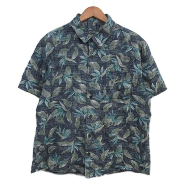 エディーバウアー EDDIE BAUER アロハシャツ 半袖 リーフ柄 L 緑 グリーン ■IBO1...