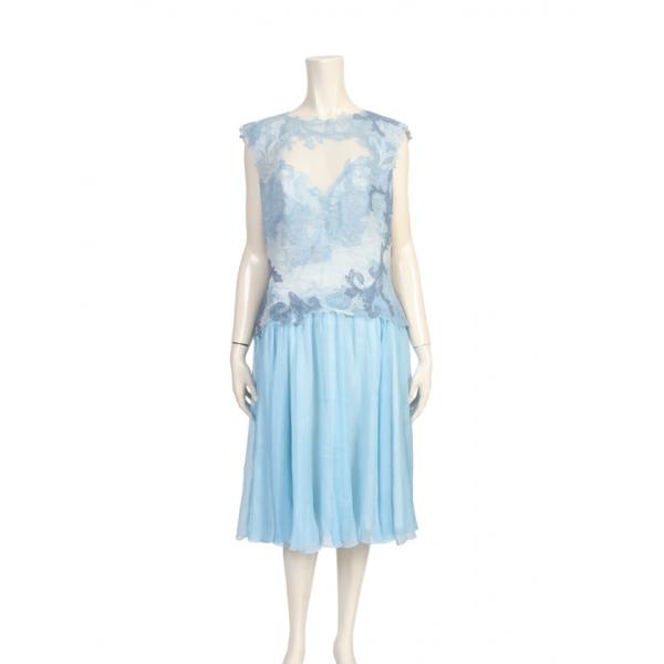 中古 タダシショージ TADASHI SHOJI ミディアムドレス 水色 アイボリー 12 ノースリ...