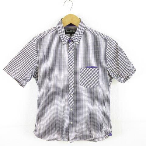 ビームス BEAMS ボタンダウンシャツ 半袖 チェック 紫 白 黒 S *A420 メンズ