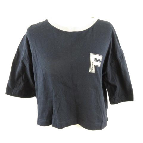 ジーユー GU クロップドグラフィックT 五分袖 ロゴ 紺 M *A563 レディース