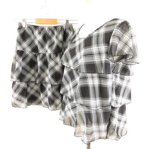 n,n, ニッセン セットアップ カットソー 半袖 ミニ チェック 黒 グレー S *A763 レデ...