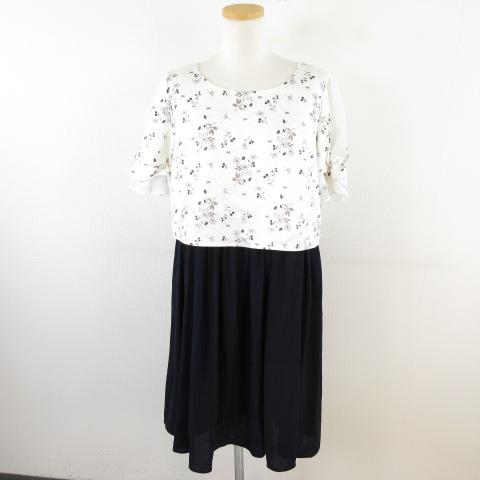 ラビミック LOVEMIC マタニティ ひざ丈フレアワンピース 半袖 花柄 オフホワイト 紺 L *...