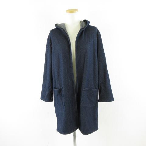 Le Saleil フーディロングコート カーディガン 長袖 裏起毛 紺 L *A769 レディース