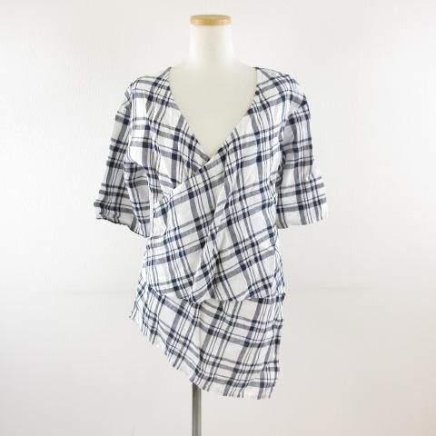 カットソー リネン 七分袖 チェック 白 紺 38 *T424 レディース