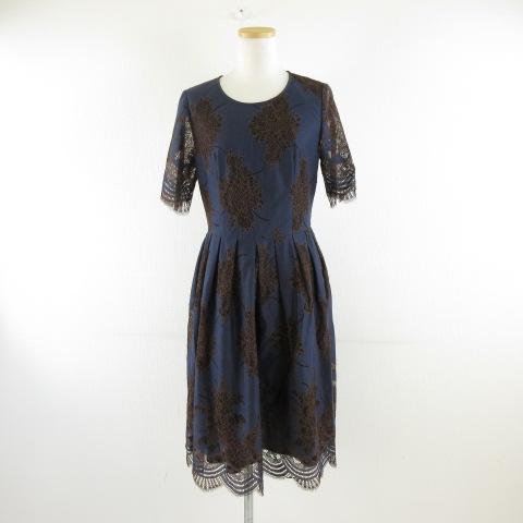 ファブリス FABRICE ひざ丈フレアワンピース レース 半袖 紺 11 *A559 レディース