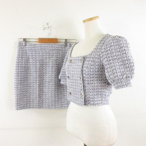 Dazy ツイードセットアップ カットソー 半袖 ミニスカート チェック 紫 白 S *A242 レ...